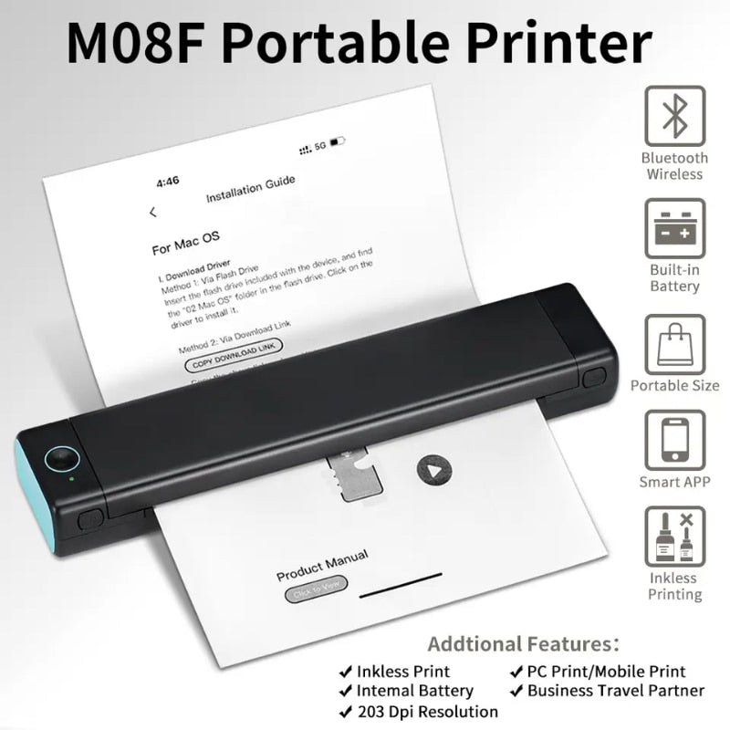 M08f A4 Imprimante thermique sans fil Portable Handheld Bluetooth Mini  Personal Home Office Printers Hd Printing Pas besoin d'utiliser de l'encre